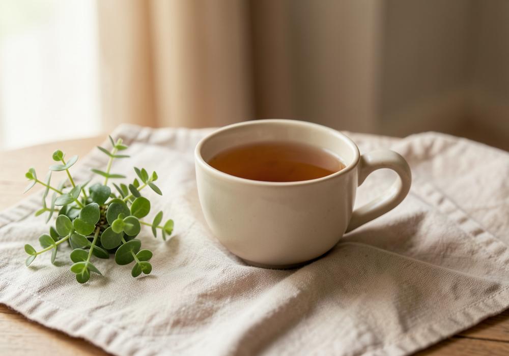 Taza de té junto a una planta, ambiente sereno